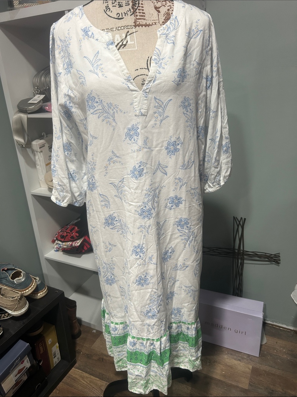 Ann Taylor White Blouse with Blue Floral Accents